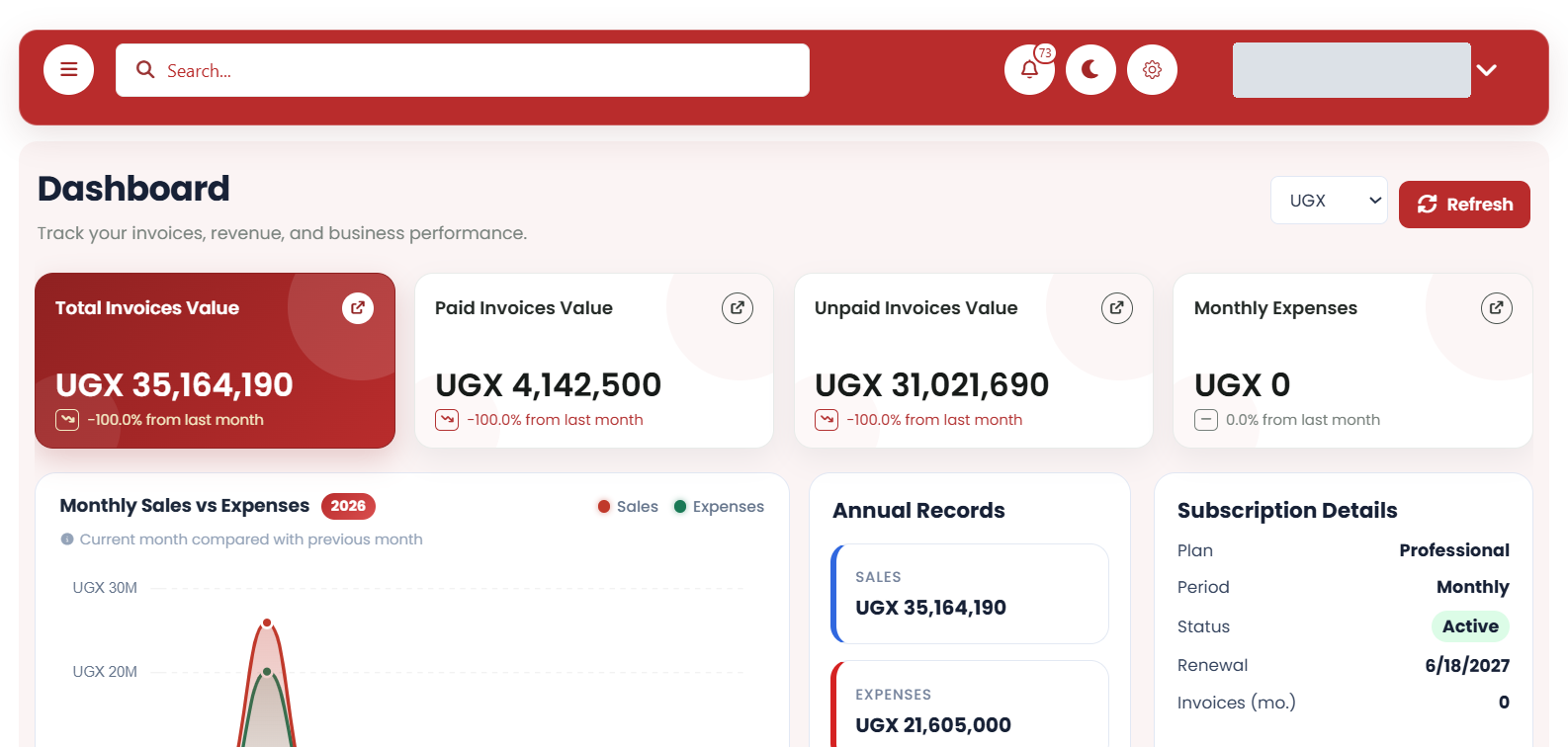 BORAinvoice dashboard showing invoice values, payments, expenses and financial reporting.