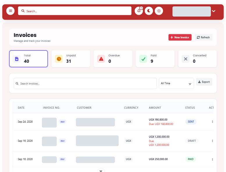 BORAinvoice invoice list showing invoice totals, filters, amounts and payment statuses with customer details redacted.