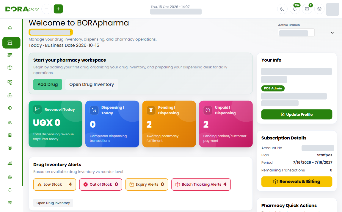 BORApharma dashboard showing pharmacy revenue, dispensing activity and medicine inventory alerts.