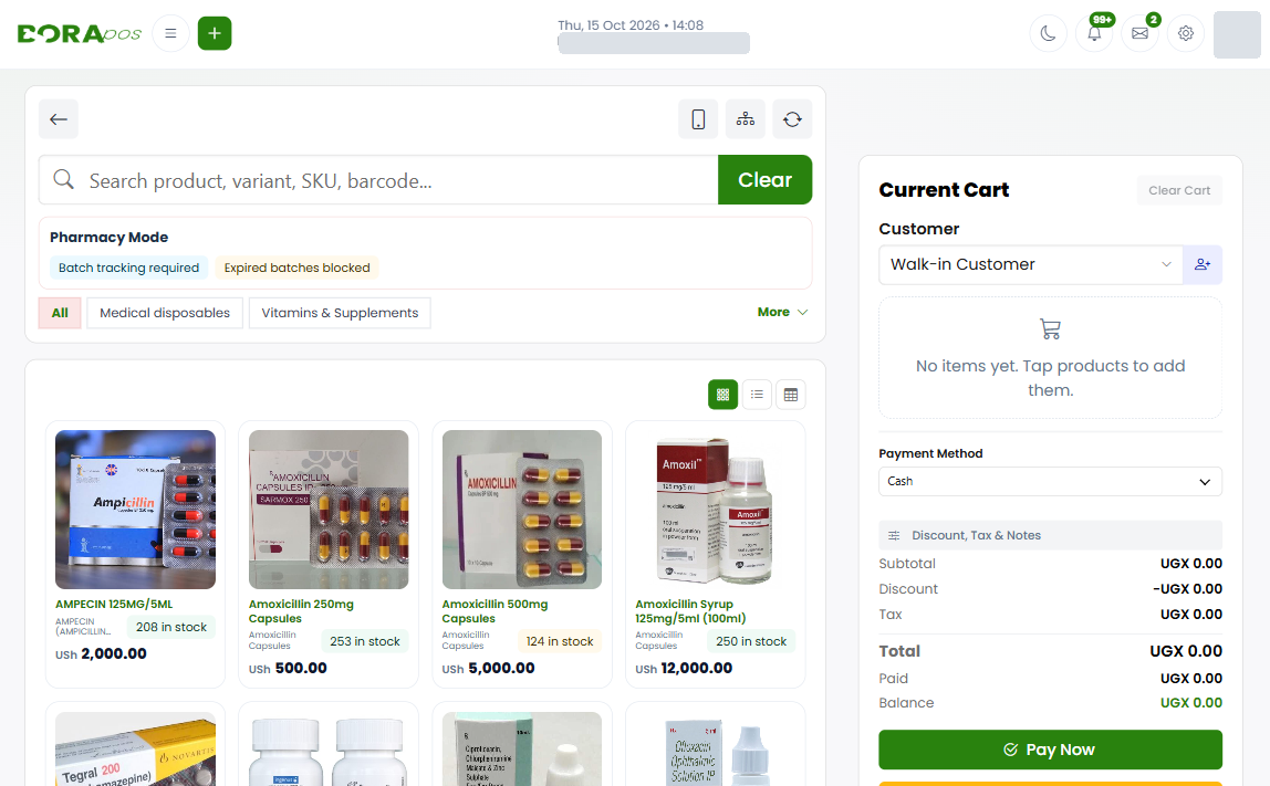 BORApharma dispensing terminal showing medicine search, batch requirements, stock availability and the dispensing cart.