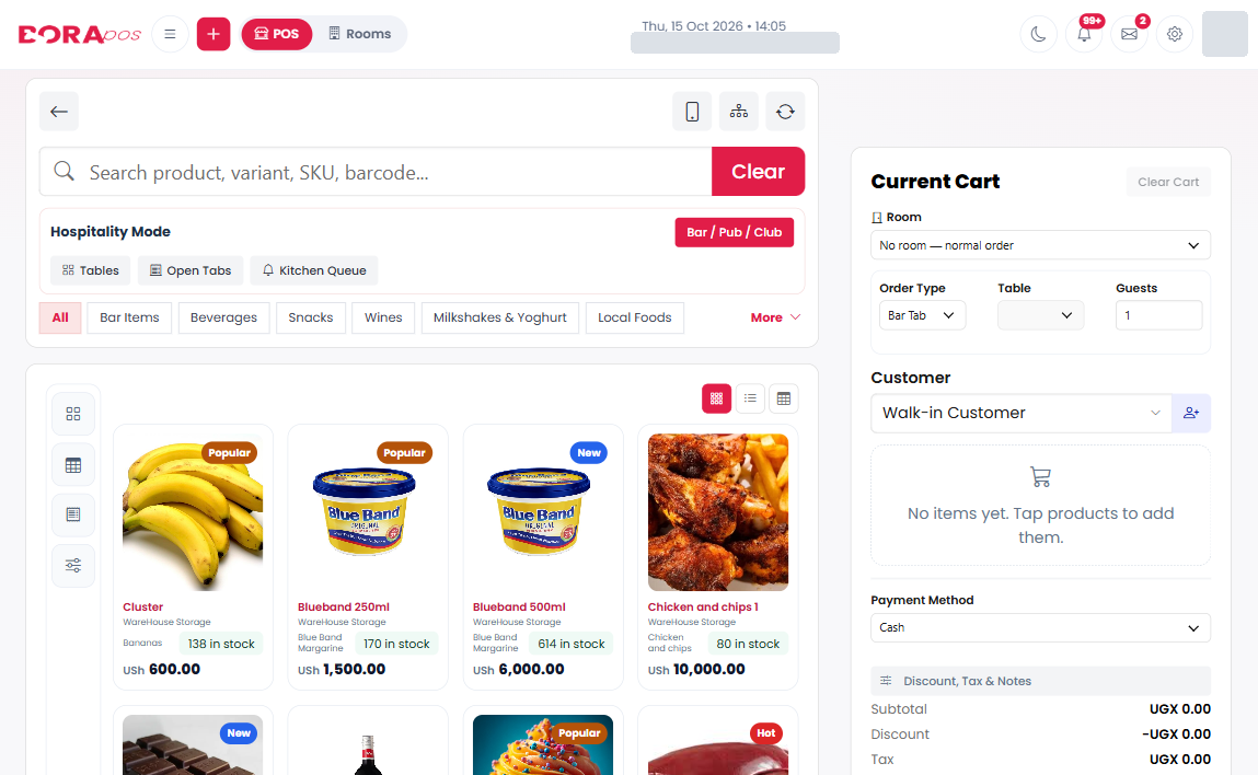 BORApos hospitality terminal showing product search, categories, tables, open tabs and the sales cart.